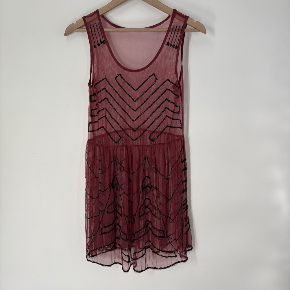 Free People Beaded Mesh Mini Dress S Sleeveless Chevron Fairy Jazz Age Gatsby